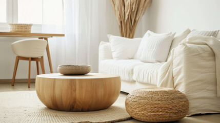 Fototapeta na wymiar Modern Scandinavian living room with round wood coffee table and white sofa