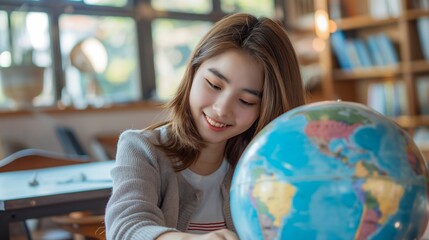 Naklejka premium Geography lesson at school. asian girl with globe in class