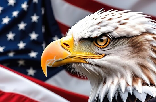 Memorial Day or July 4th. The celebration of Independence Day. A white eagle on the background of the American flag. USA