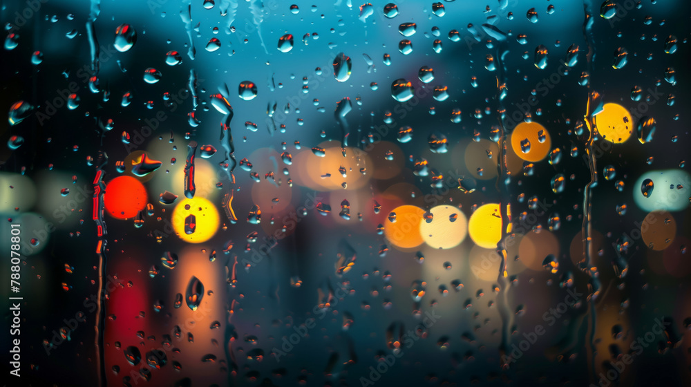 Poster a blurry image of raindrops on a window with a cityscape in the background