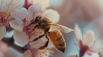A bee harvesting nectar from a peach blossom. Generative AI.