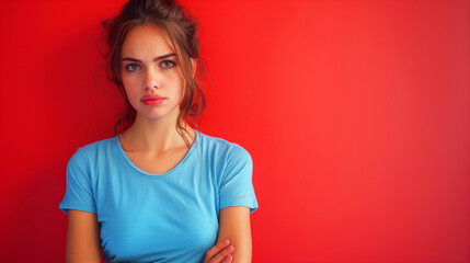 A woman with a blue shirt. She has her arms crossed and is looking at the camera with a serious expression. Portrait of sad displeased offended young woman in blue T-shirt on red background