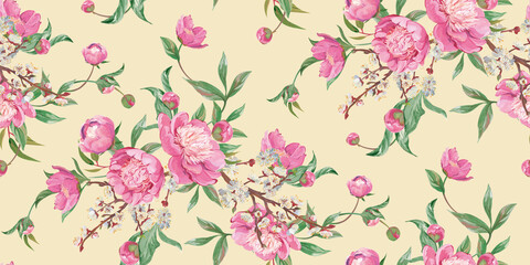 Seamless Asian realistic pattern drawn with pink peonies in a classic oriental style for textile 