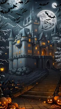 Abstract Halloween night scene with a mystical castle, animation. Vertical video.