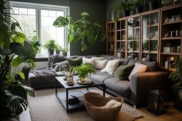 Modern Urban Jungle Living Room Transformation: Chic D�cor with Indoor Plants - obrazy, fototapety, plakaty