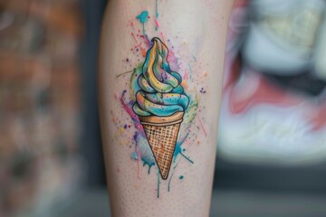 Rainbow ice cream cone tattoo on leg.