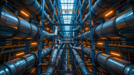 An array of industrial pipes is seen inside a building.
