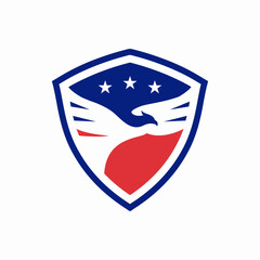 Obraz premium eagle shield logo American flag. Eagle wing flight. Hawk shield wings icon. Flying bird emblem. Vector illustration.