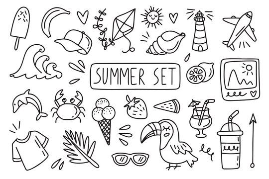 Beach vacation sea line drawings elements. Summer doodle outline sketch.