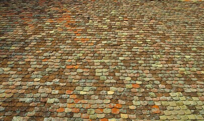 tiled roof close-up, background of multi-colored tiles.