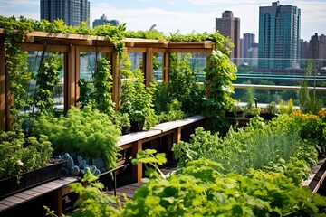 Fototapeta na wymiar Green Oasis Delight: Eco-Friendly Rooftop Paradise with Plant Diversity