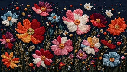 Cosmos Flower Pattern Embroidery Art