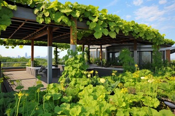Fototapeta premium Sustainable Oasis: Lush Green Rooftop Garden with Native Plants and Seating Areas