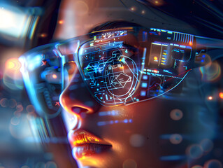 Digital Vision: Close-up of Eye glasses and charts in a digital world, embodying the global connection and futuristic essence of technology