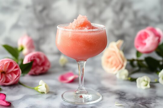 Pink frothy cocktail frose garnished with mint and a flower, surrounded by vibrant pink blooms