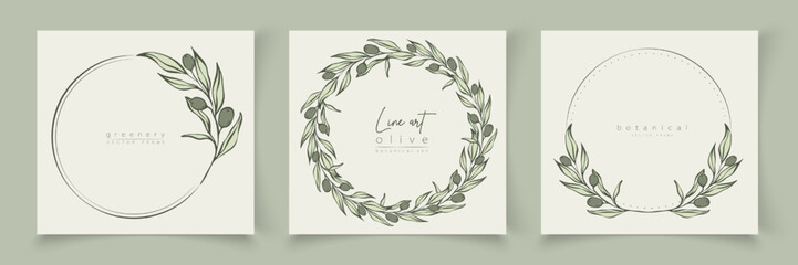 Botanical line art illustration set of olive leaves, branch frames for wedding invitation and cards, logo design, web, social media and posters template. Elegant minimal style floral vector isolated.