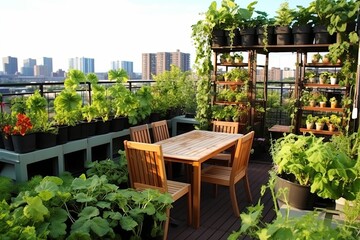 Fototapeta na wymiar Lush Green Rooftop Garden Inspirations: Urban Gardening Elevated Planters Mood Lighting Miracle