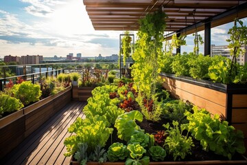Fototapeta na wymiar Urban Rooftop Greenery Paradise: Elevated Planters, Lush Gardens, and Enchanting Lighting
