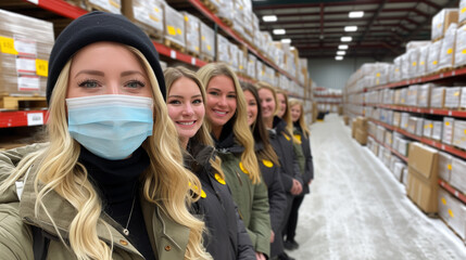Team of female volunteers working together in a warehouse during health safety precautions.