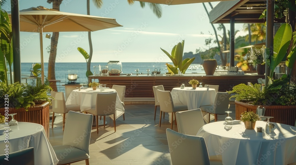 Poster a table in a luxury outdoor restaurant on white cloth tables near the sea coast and a bar counter fo