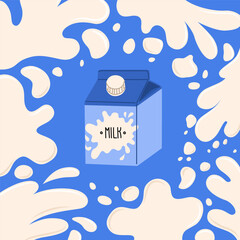 A package of milk surrounded by flashes and blots. World Milk Day. Background for farmers and grocery stores. Vector illustration isolated on blue background.