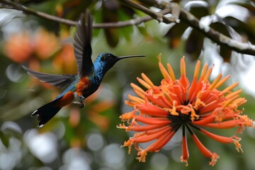 Naklejka premium Elegant hummingbirds in flight aiming for colorful flower nectar in vibrant scene
