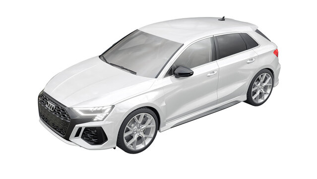 Berlin. Germany. February 20, 2024. Audi RS3 2022. White sports hatchback with four-wheel drive quattro for driving pleasure as well as for family and work. 3d illustration.