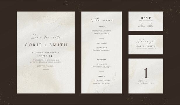 Abstract watercolor wedding invitation template. set of wedding stationery. luxury card and poster background.
