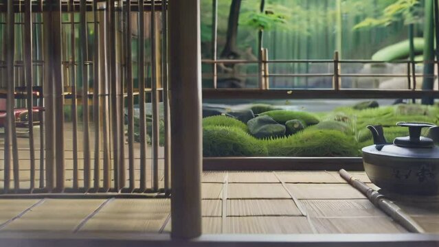 Illustration view of a Japanese Tea House in Bamboo Forest, in the middle of a lush bamboo forest. Illustration style of cartoon watercolor painting.