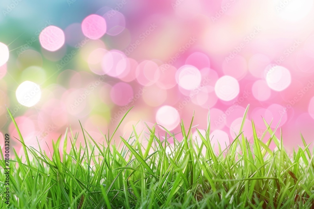 Poster defocused sunny spring meadow with gradient sky to grass blur background and bokeh effect