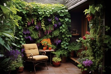 Fototapeta na wymiar Shade Plants Haven: Lush Vertical Garden Patio Designs with Cool Ambiance