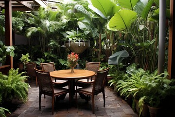 Fototapeta na wymiar Tropical Paradise: Lush Vertical Garden Patio Designs with Exotic Touch