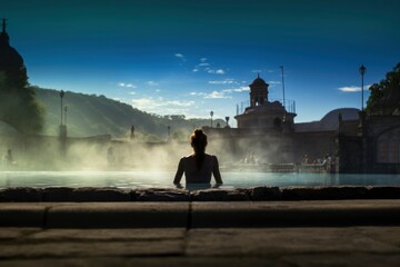 woman resting in the thermal pool at budapest. generative ai