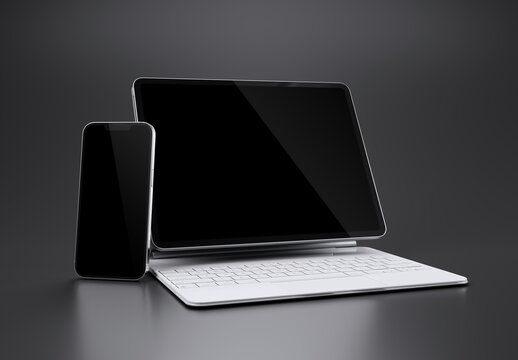 PARIS - France - March 15, 2023: Apple Ipad Pro with the white magic keyboard and Iphone 14 - 3d rendering on grey background