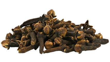 Handful spices dried cloves isolated on a transparent background. Completely in focus.