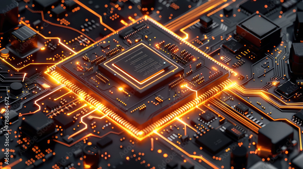 Poster 3d isometric rendering of the computer chip around the light-emitting circuit, dark background, oran