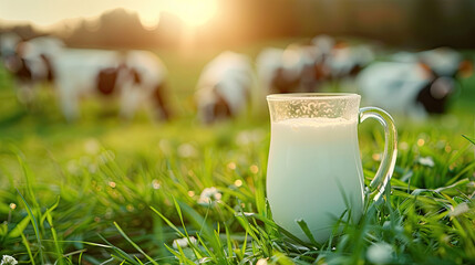 Poster World Milk Day, 1 June , a glass of milk with cattle and grass nature blur effect background , space for text , card , banner, poster 