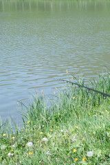 Fishing on a lake, fishing rod with no people