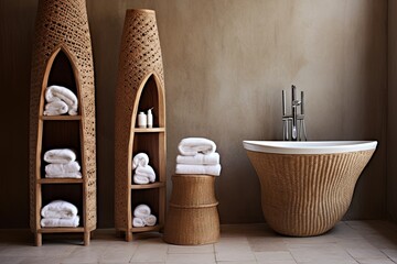 Fototapeta na wymiar Woven Basket Heaven: Luxurious Balinese Resort Bathroom Storage Solutions