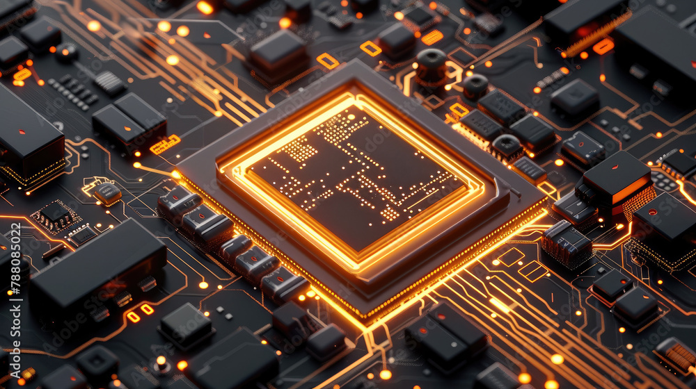Aufkleber 3D isometric rendering of the computer chip around the light-emitting circuit, dark background, orange and black color palette. Generative AI.