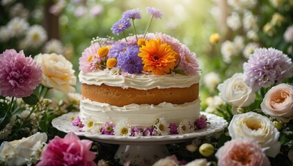 Fototapeta na wymiar Beautiful homemade cake decorated with fresh flowers surrounded by spring summer flowers bouquets, against the backdrop of a spring garden.