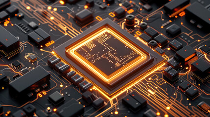 3D isometric rendering of the computer chip around the light-emitting circuit, dark background, orange and black color palette. Generative AI.