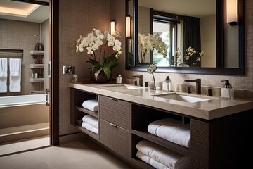 Double Sink Elegance: Luxurious Hotel-Style Bathroom Designs with Ample Storage and Organized Vanity