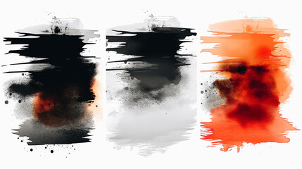 Three different colored splatters of paint on a white background