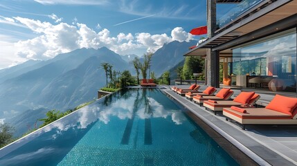 Breathtaking Infinity Pool with Panoramic Mountain Vistas and Luxurious Lounge Areas in Serene Resort Setting