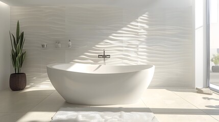 Serene and Sophisticated Minimalist Bathroom Oasis with Sleek Vanity and Freestanding Tub
