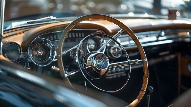 Iconic Vintage Car Dashboard with Gleaming Chrome and Elegant Leather Textures for Retro Automotive Designs