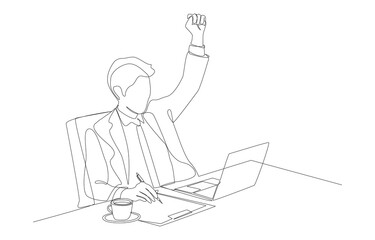 Continuous one line drawing of businessman raising one hand into fist while working in front of laptop, work success concept, single line art.