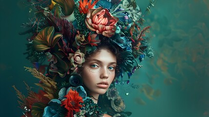 Vibrant and Fantastical Portrait with Surreal Floral and Fauna Accents