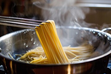 Hot spaghetti in a pot. Cooking spaghetti. 
